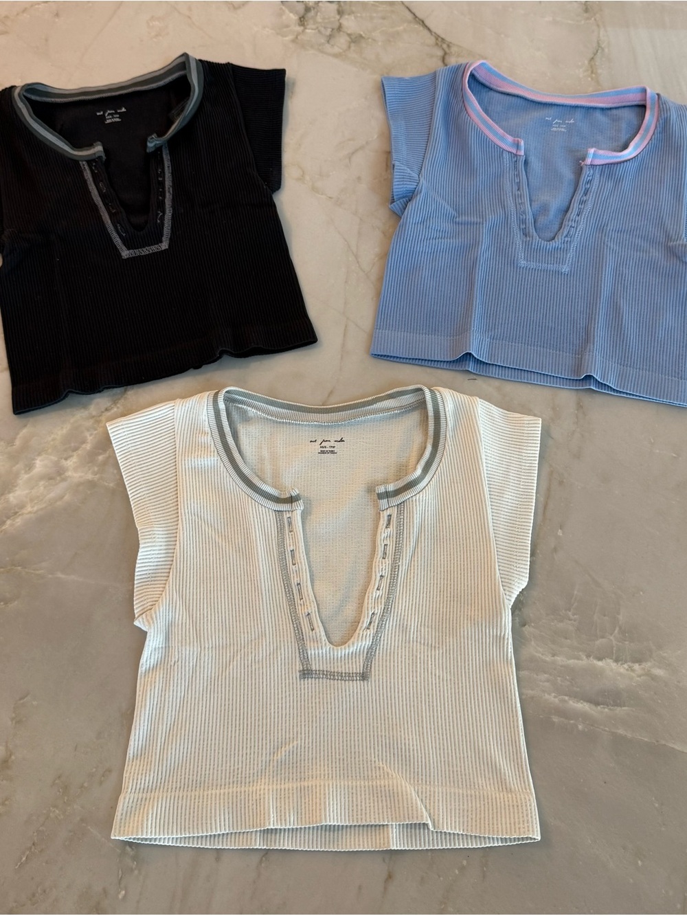 Urban Outfitters Kids Ribbed Short Sleeve Tops - Black, Light Blue, White